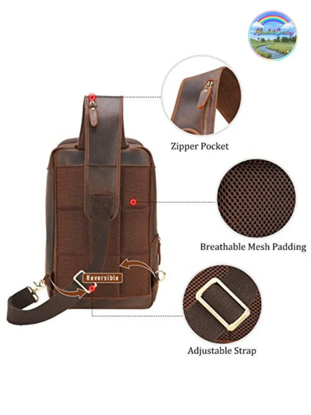 Men's Leather Sling Backpack Travel Hiking Daypack with YKK Zippers